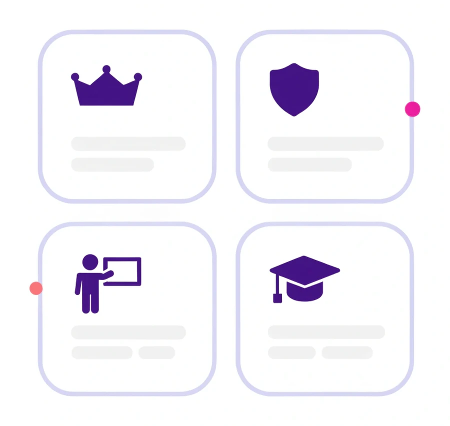 Cuatro tarjetas con los niveles de acceso de una academia