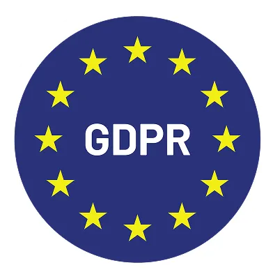 Blue circle with yellow stars arranged in a circle around the letters GDPR, representing the General Data Protection Regulation.