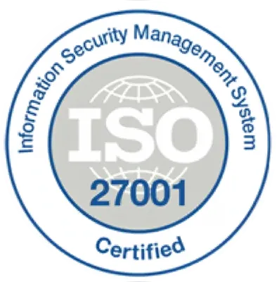 ISO 27001 certified seal with globe graphic and text 'Information Security Management System'.