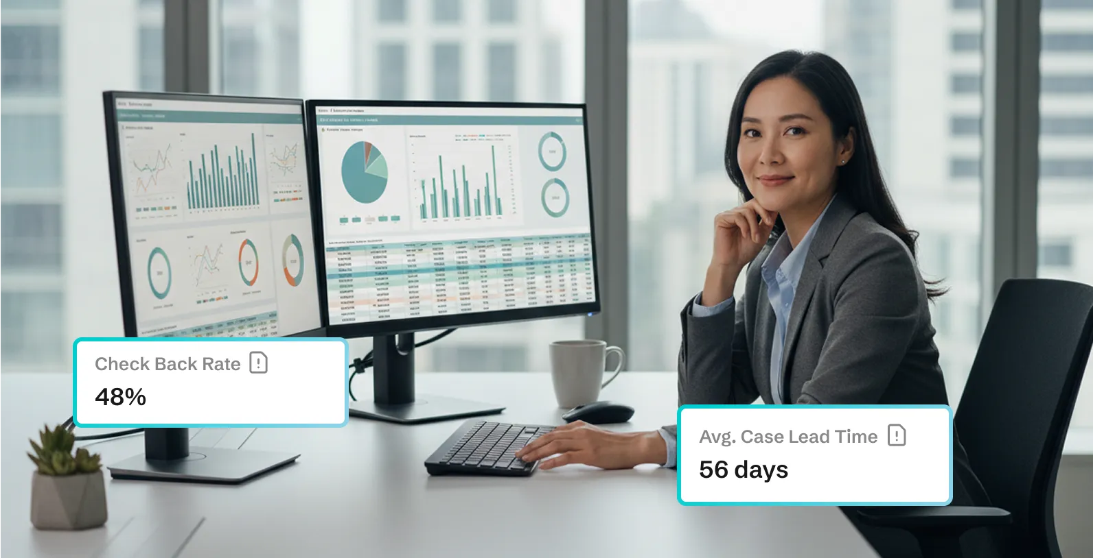 Businesswoman at desk with dual monitors displaying charts and graphs, alongside data labels showing Check Back Rate 48% and Avg. Case Lead Time 56 days.