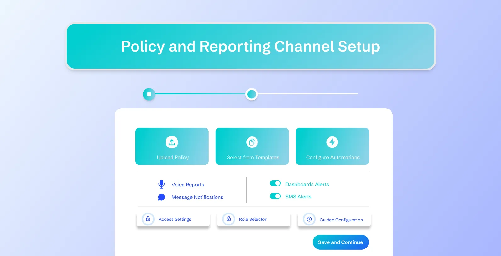 User interface for Policy and Reporting Channel Setup with options to upload policy, select from templates, configure automations, toggle alerts, and buttons for settings and save.