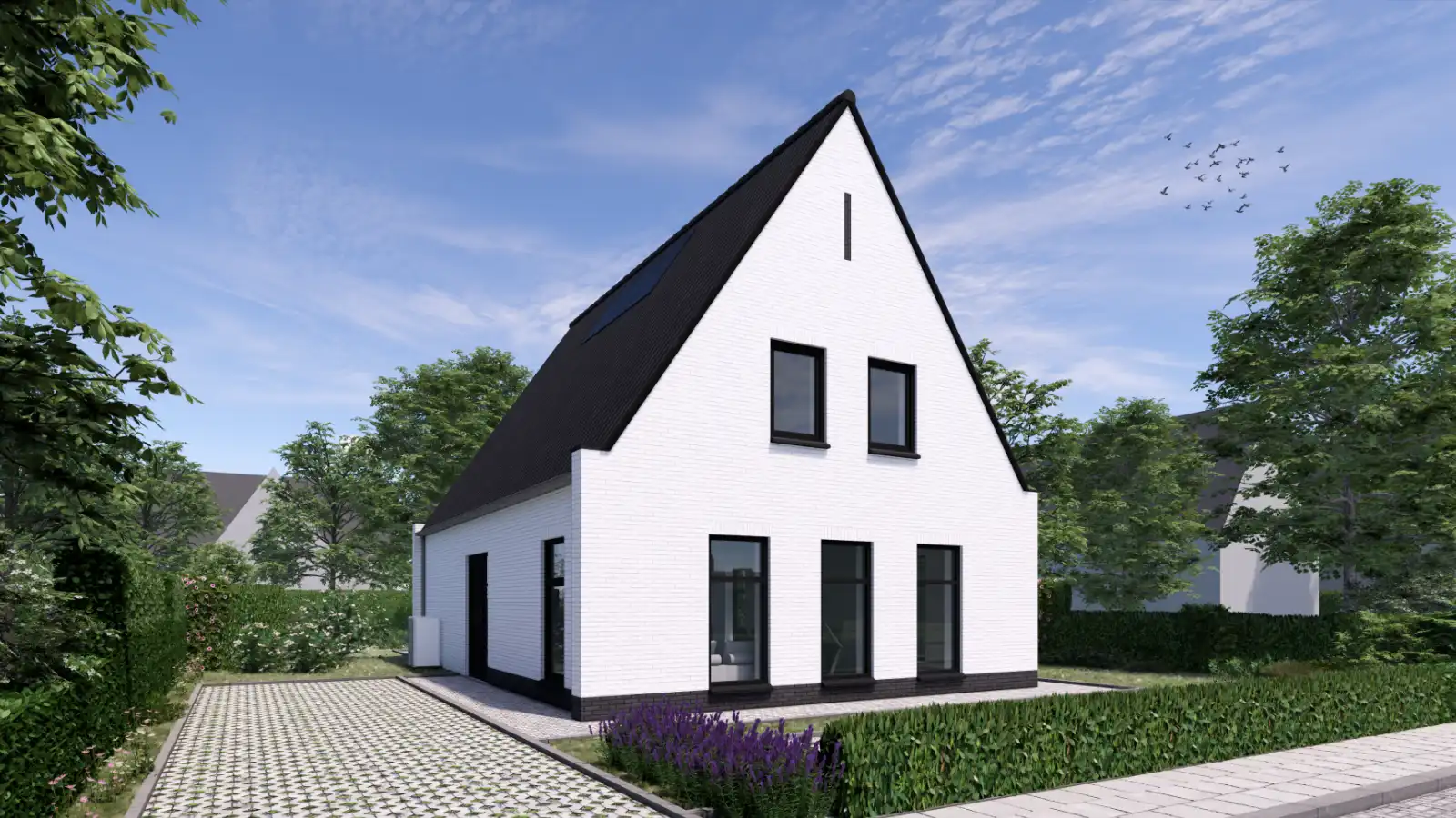 Voorzijde render witte vrijstaande woning
