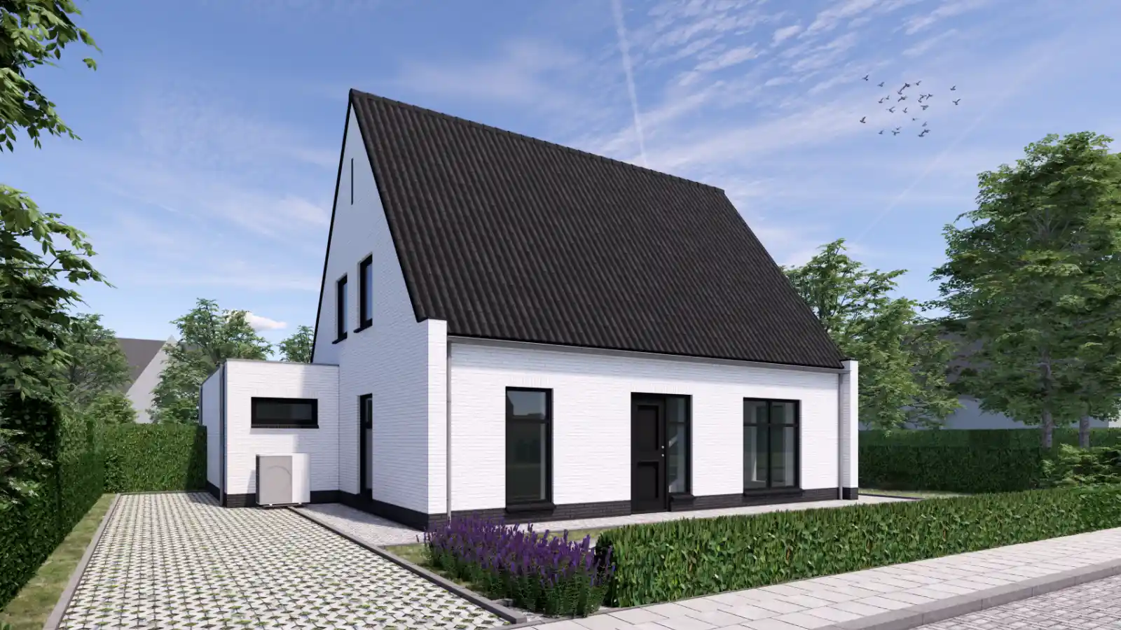Witte vrijstaande woning met aanbouw