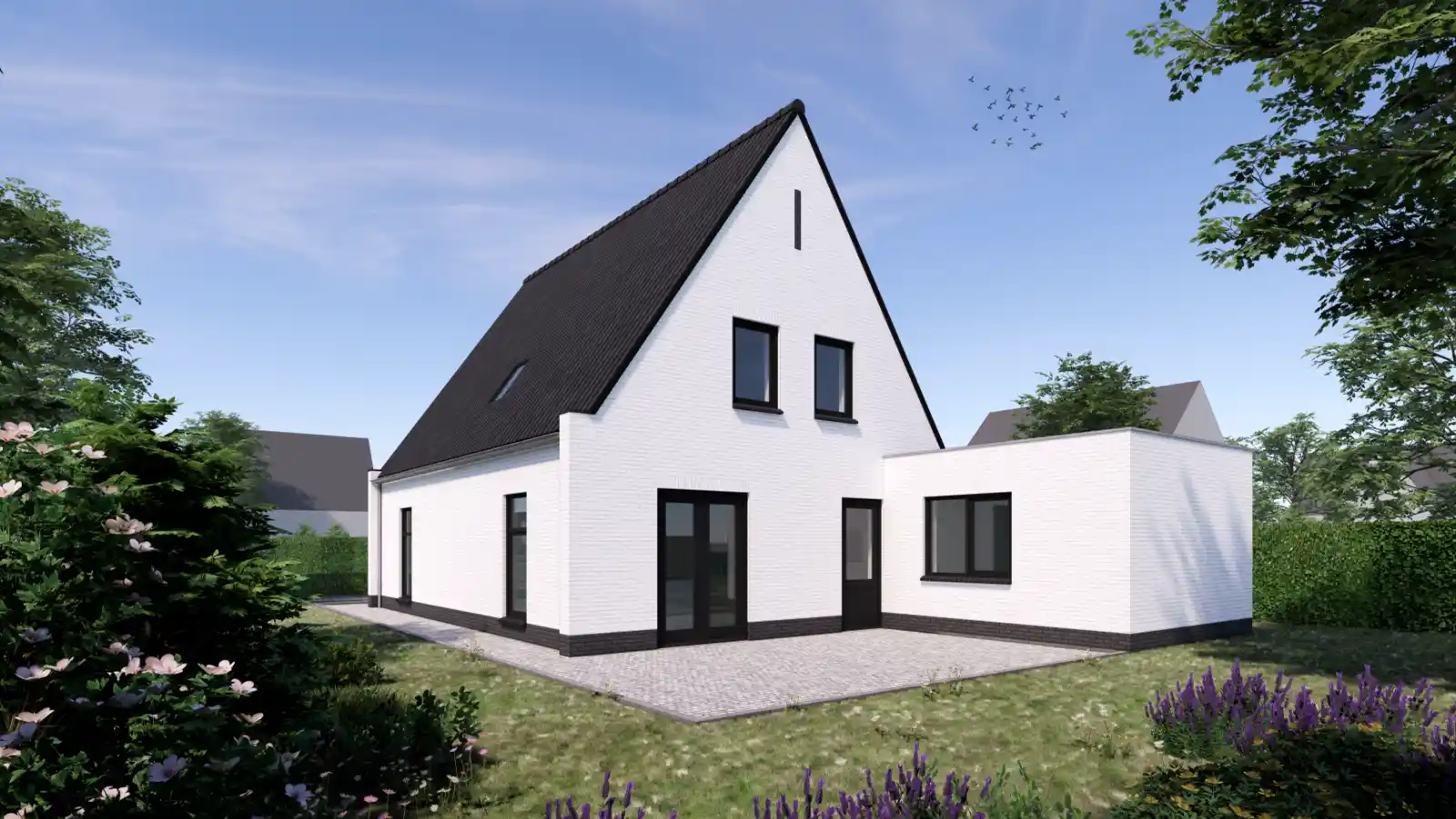 Witte vrijstaande woning met aanbouw