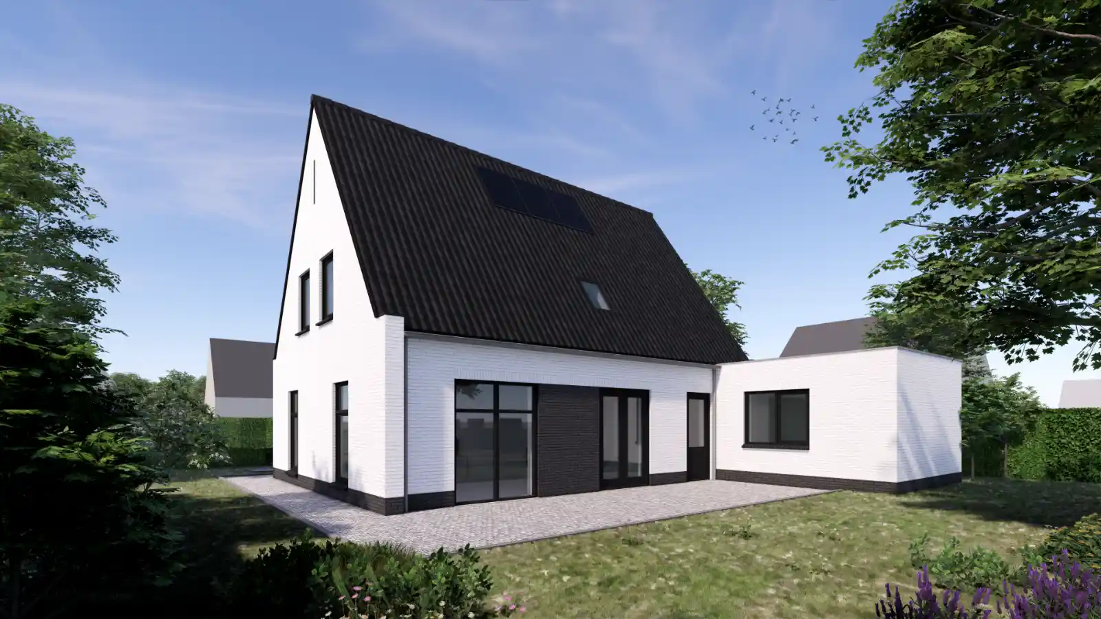 Witte vrijstaande woning met aanbouw