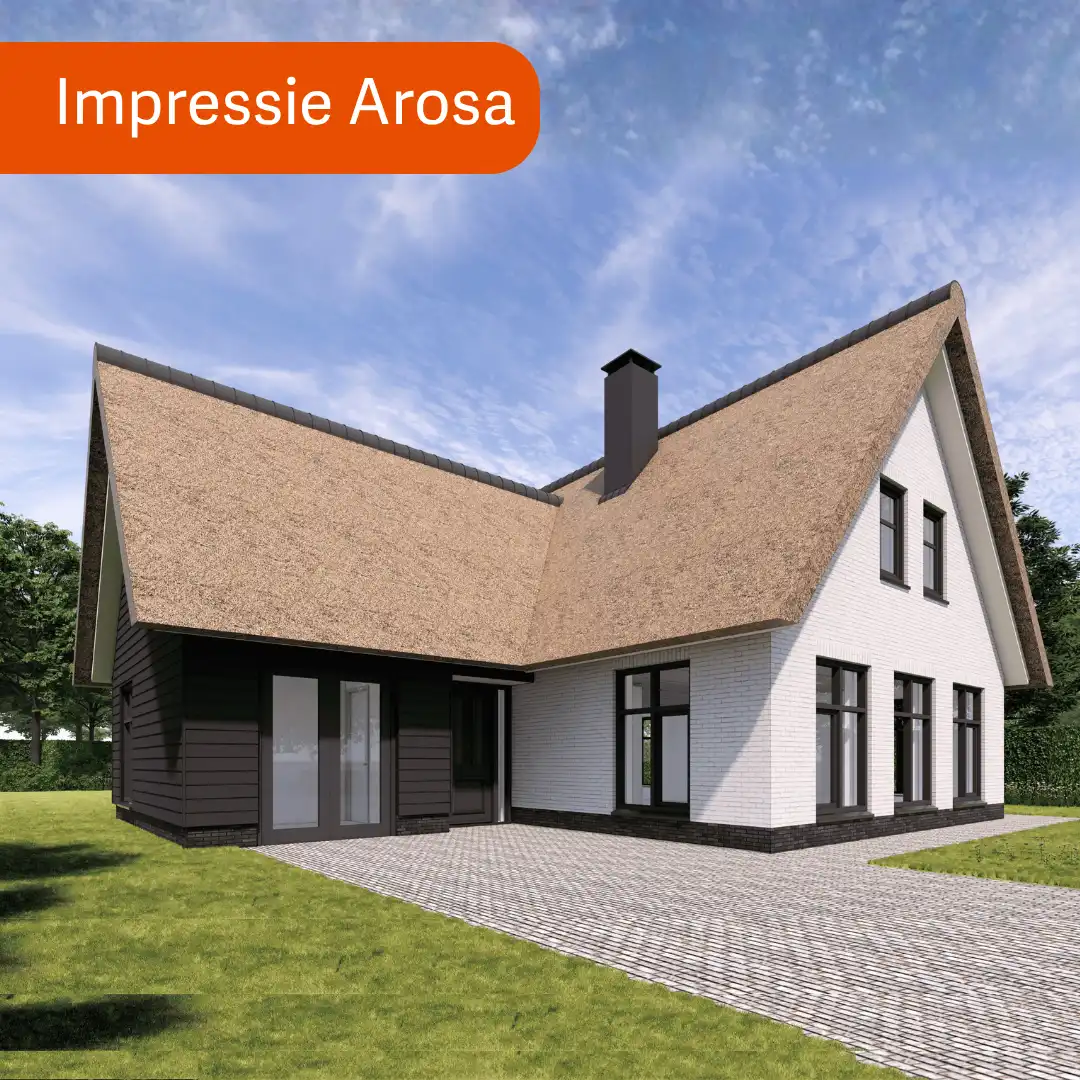Render vrijstaande woning met rieten dak