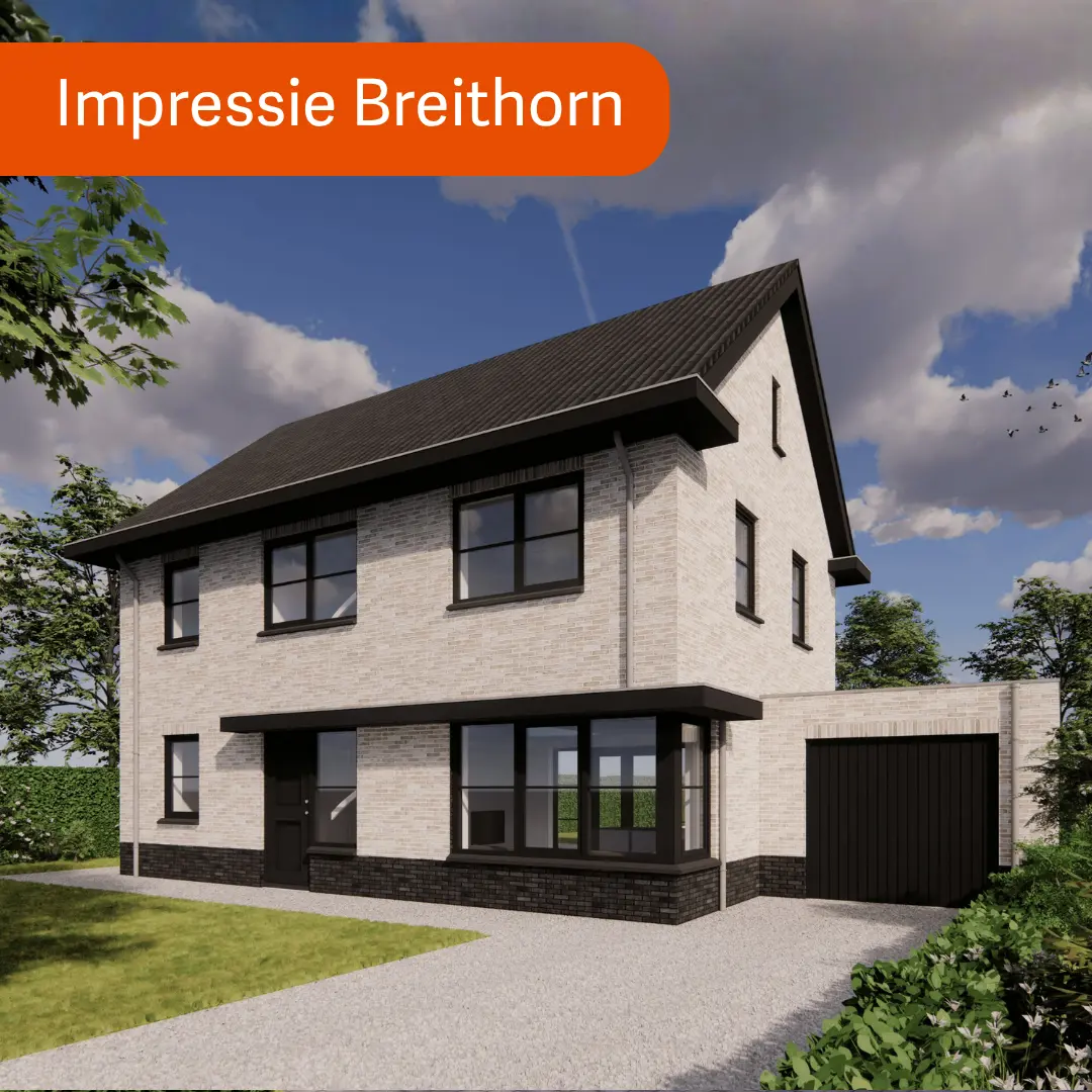 Render vrijstaande woning met grijze gevelstenen en zwarte kozijnen