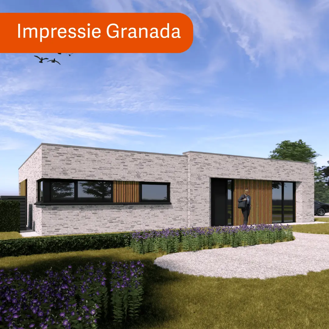 Render vrijstaande woning met grijze stenen en houten gevelbekleding