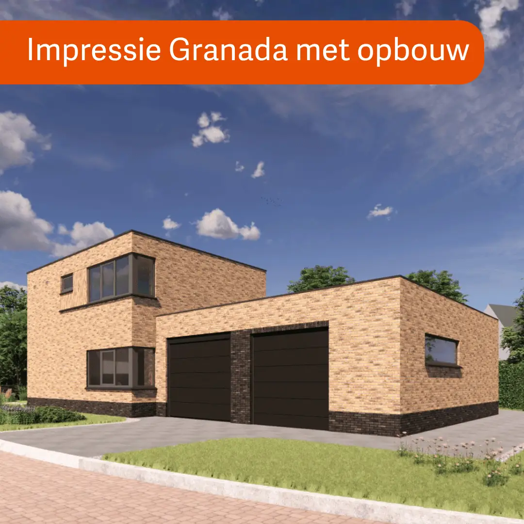 Render vrijstaande woning met lichte gevelstenen en een plat dak