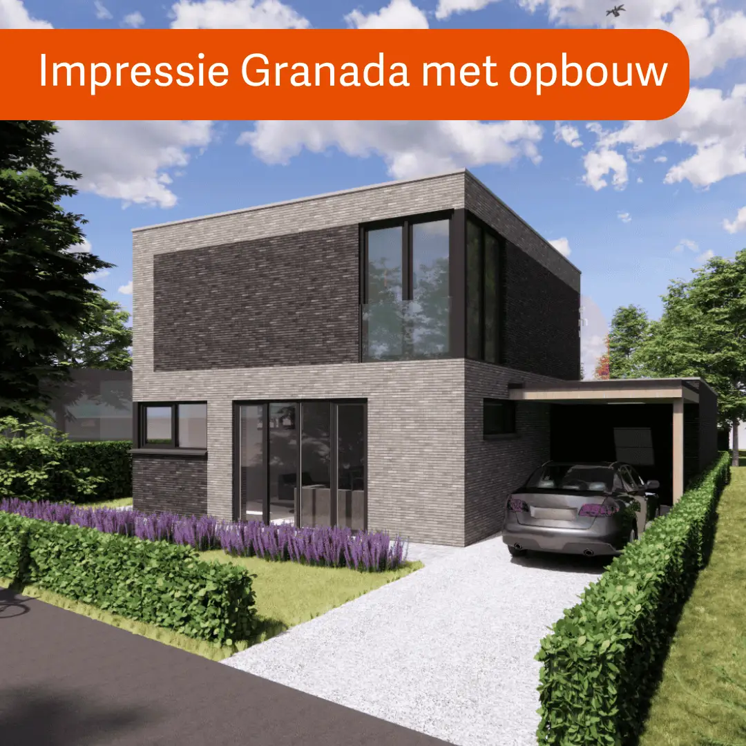 Render vrijstaande woning met grijze gevelstenen en plat dak