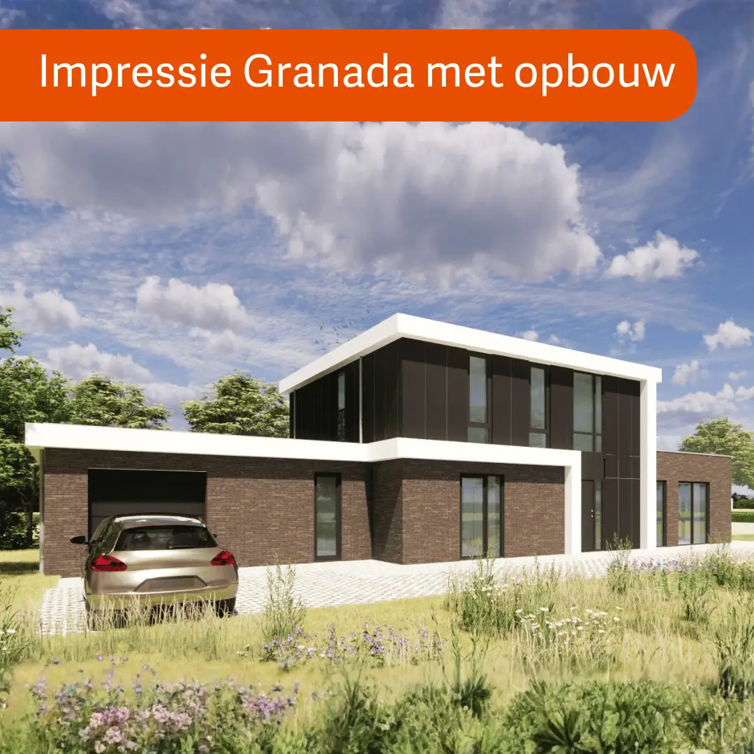 Render vrijstaande woning met plat dak en grijze gevelstenen