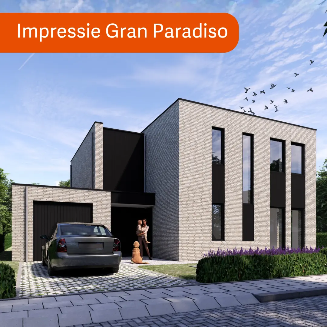 Render vrijstaande hoogbouw woning met grijze gevelstenen en plat dak