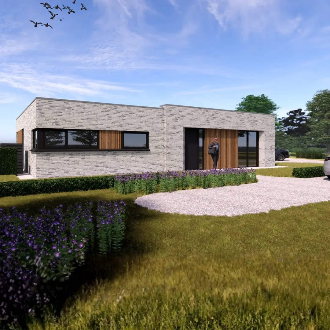 Bungalow woning met grijze gevelstenen en houten gevelbekleding