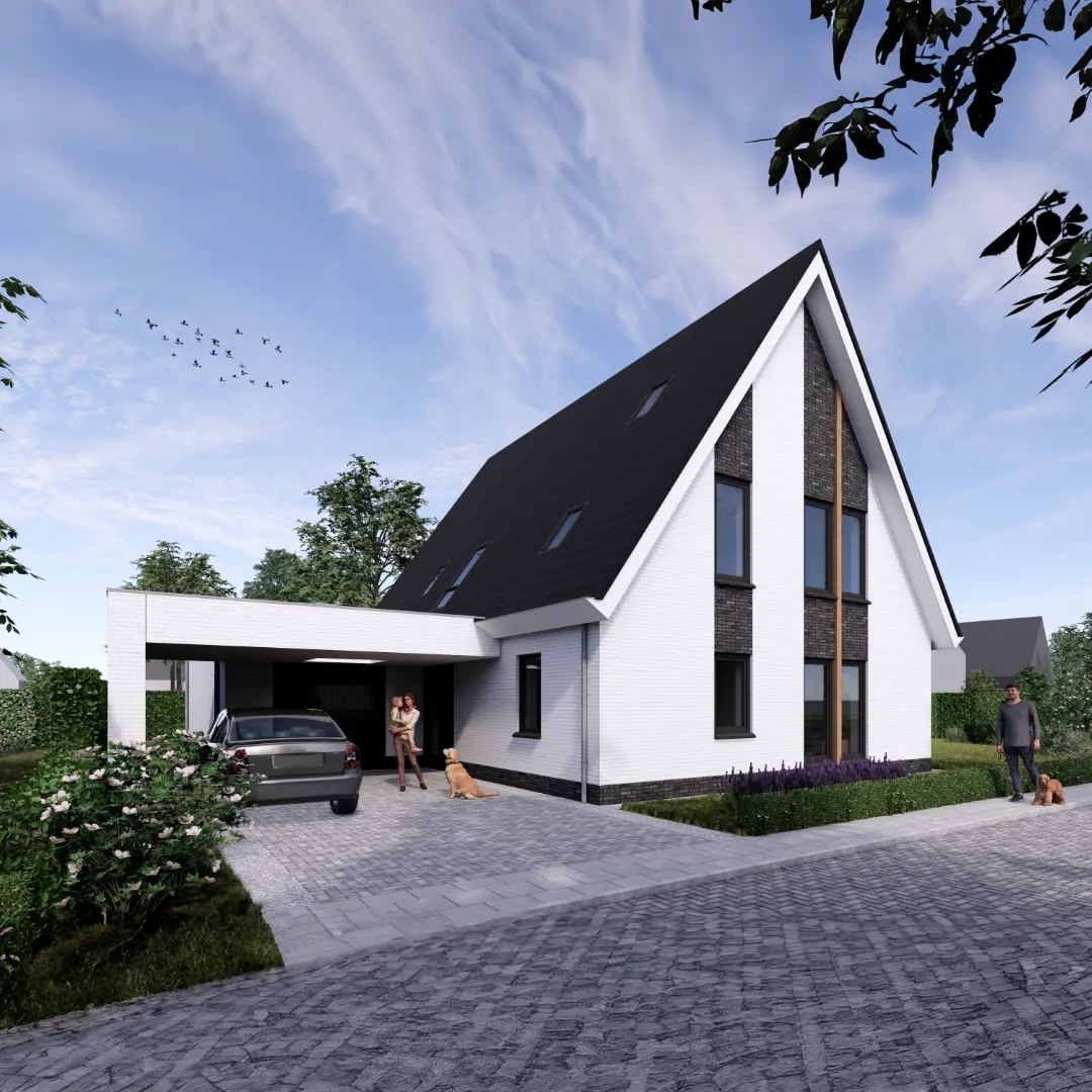 Vooraanzicht van een witte woning