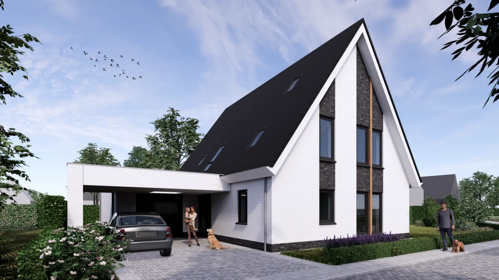 Impressie van een vrijstaande woning met carport