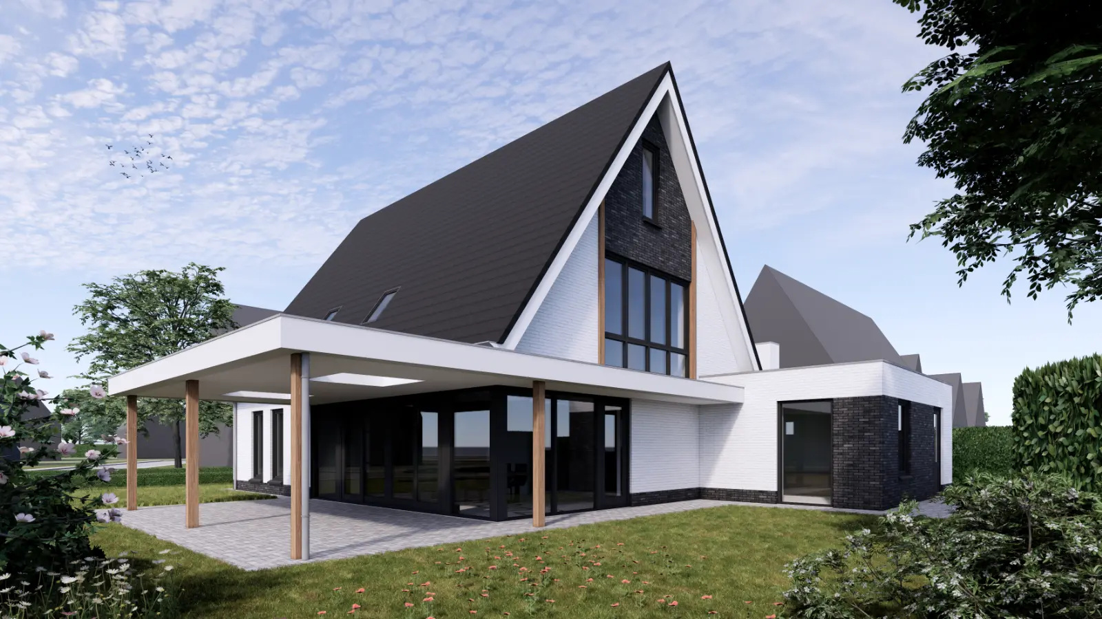 Achteraanzicht van een witte vrijstaande woning met carport