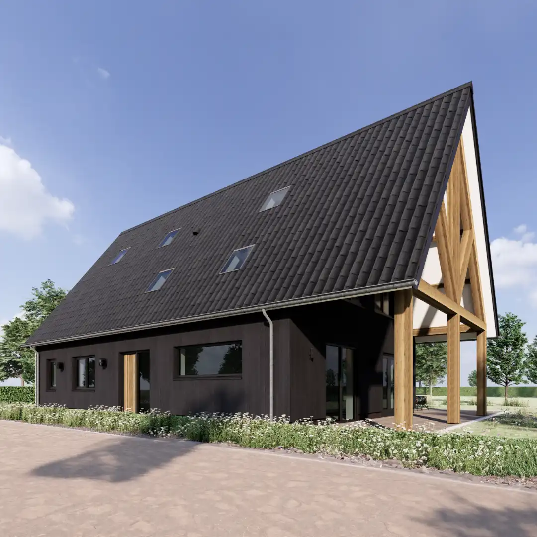 Impressie van een schuurwoning met eiken gebinten
