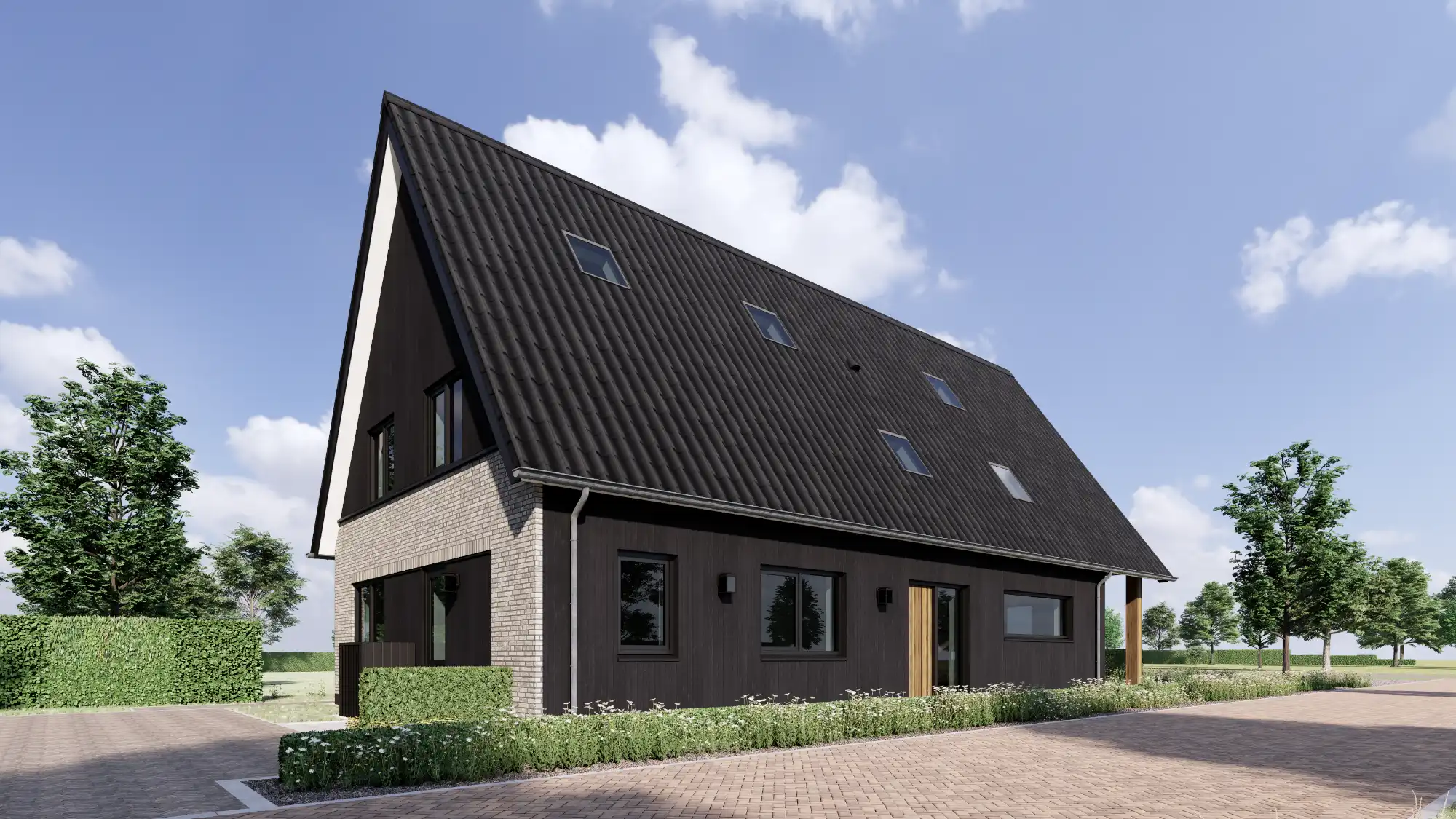 Impressie van een woning met houten gevelbekleding