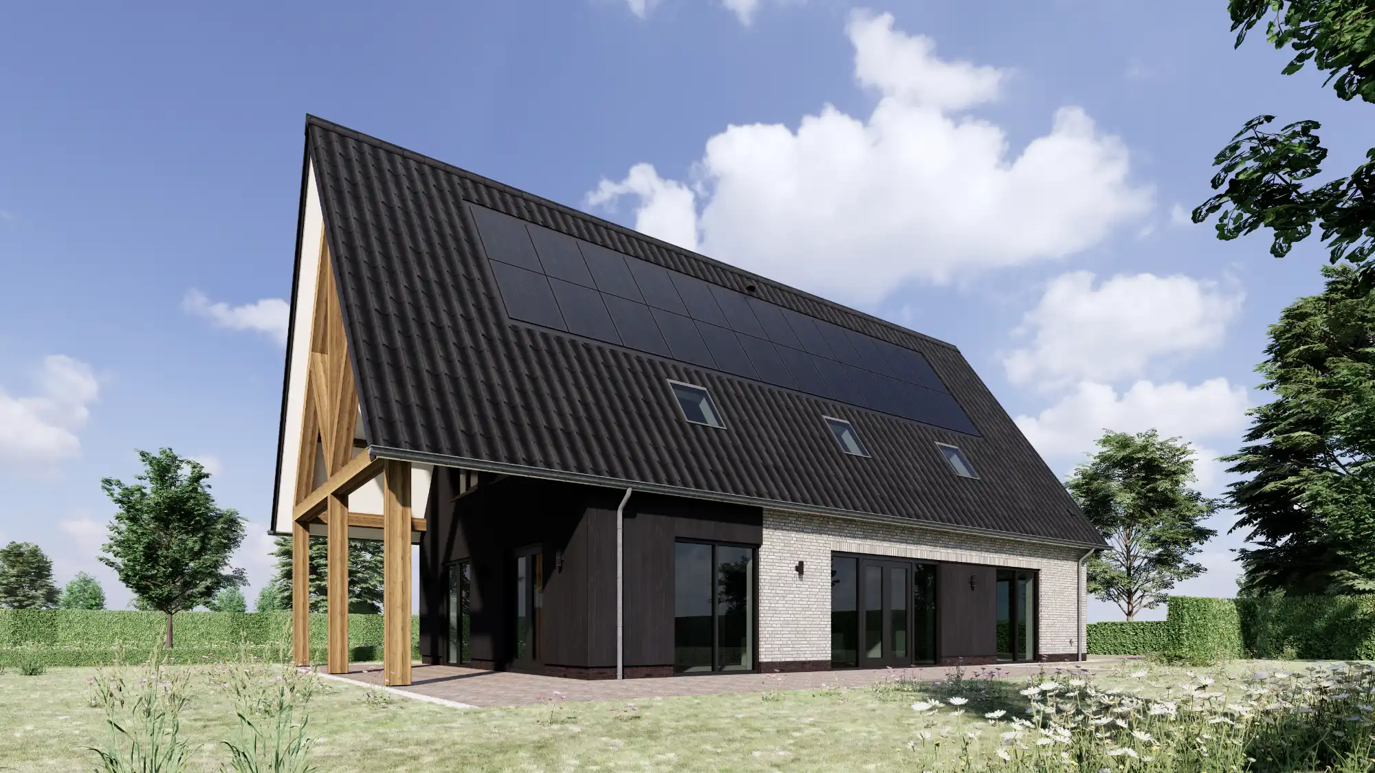 Achteraanzicht schuurwoning met eiken gebinten