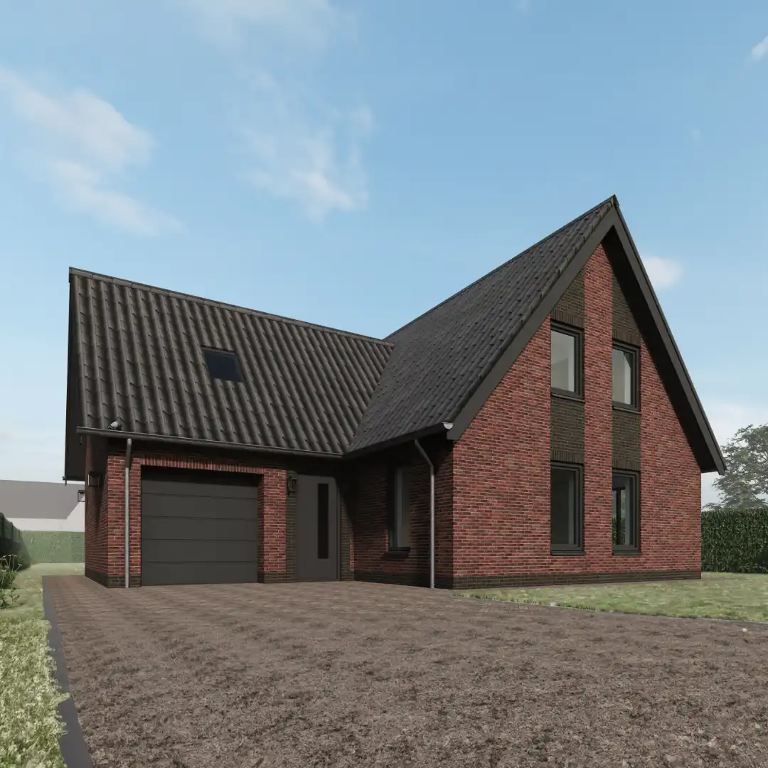Impressie van een woning met t-kap en garagedeur