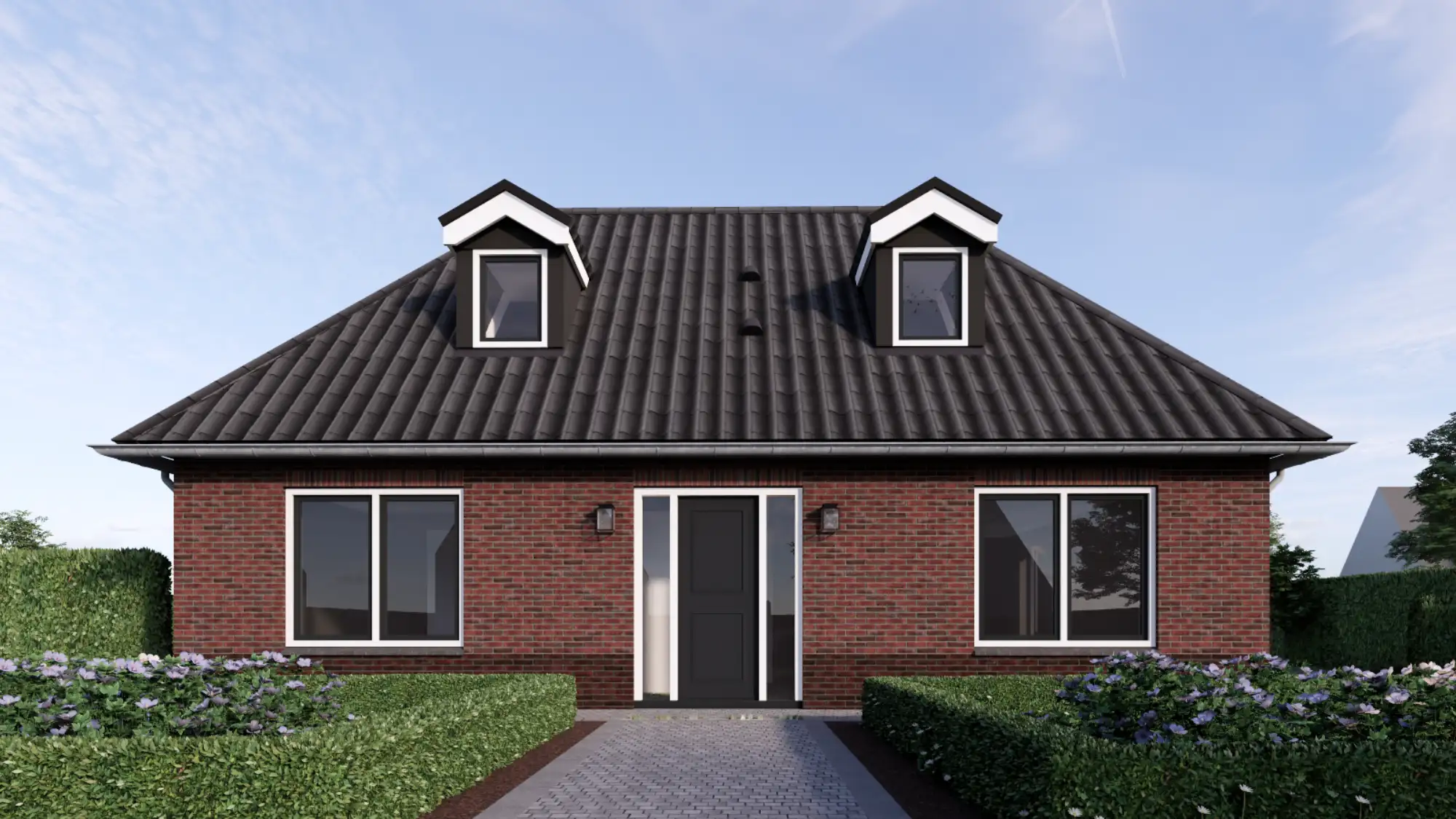 Impressie van een voorgevel van een notariswoning met dakkapellen