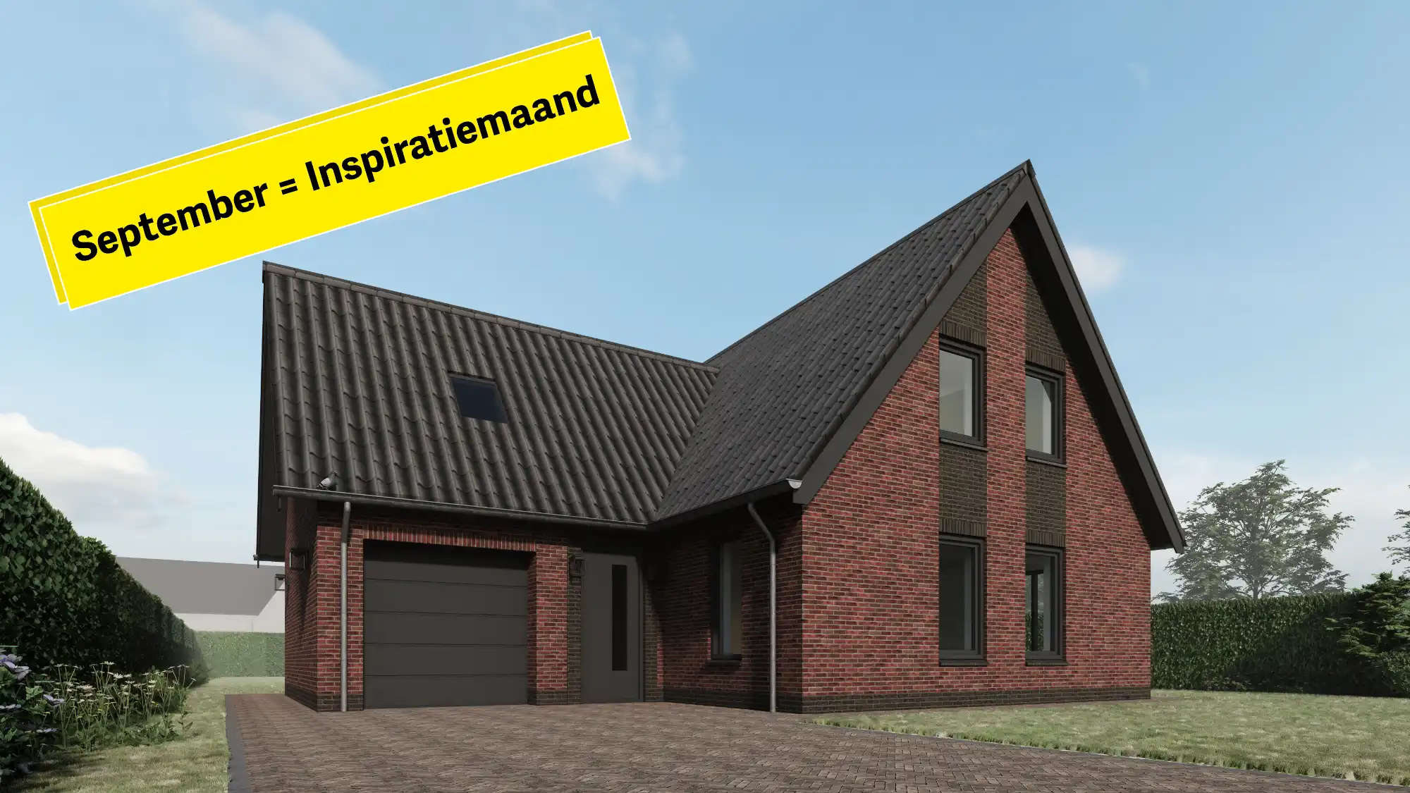 Impressie van het vooraanzicht van een woning met aanbouw