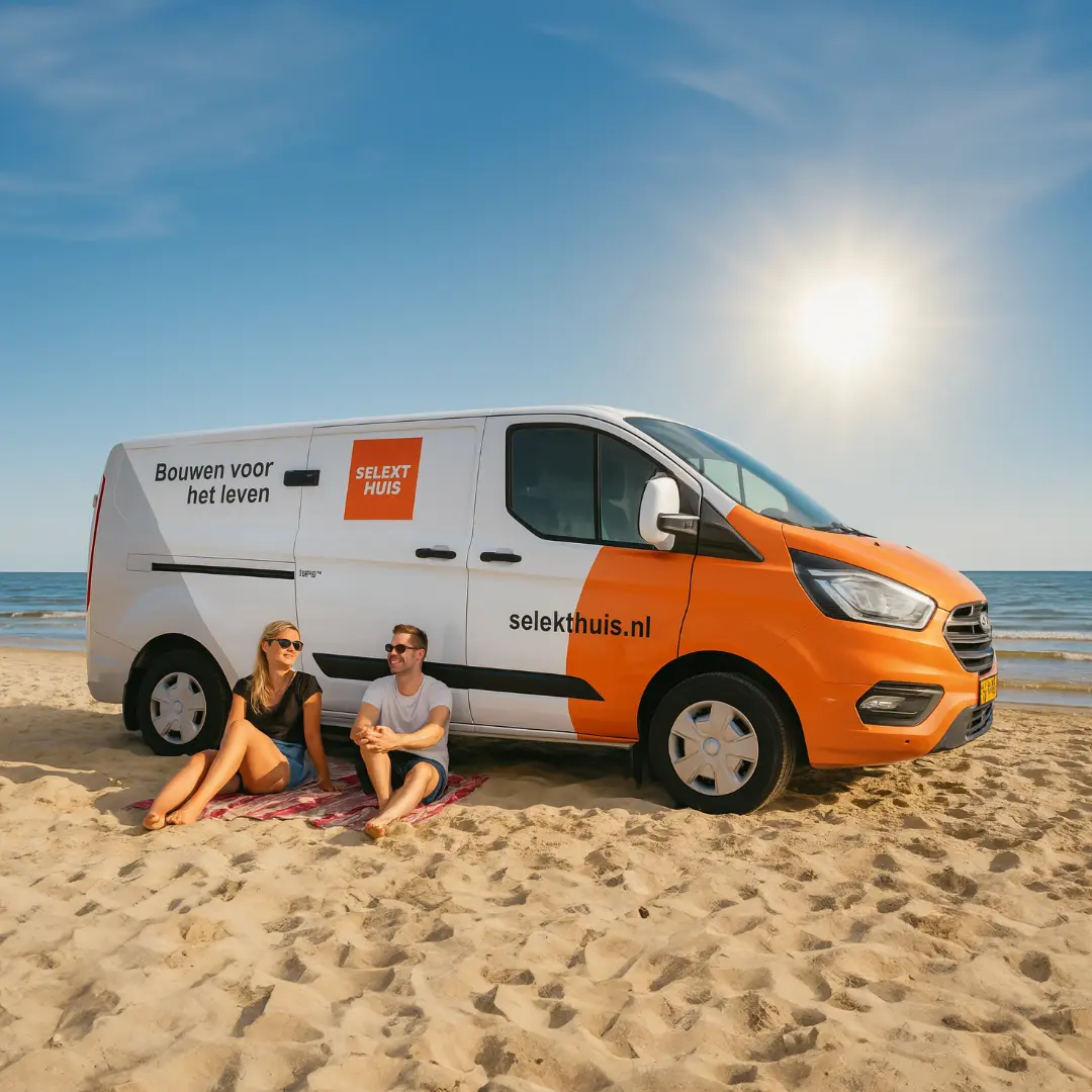 Een bus van SelektHuis staat op het strand
