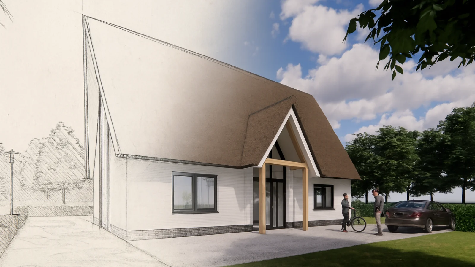 Impressie van een vrijstaande woning met rieten kap