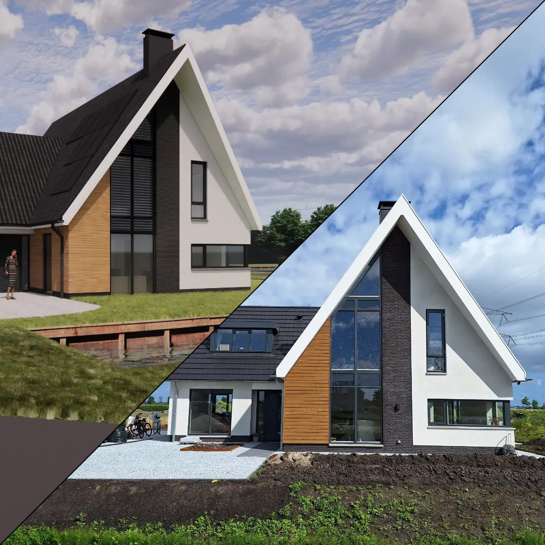 Een ontwerp en het definitieve resultaat van een vrijstaande woning