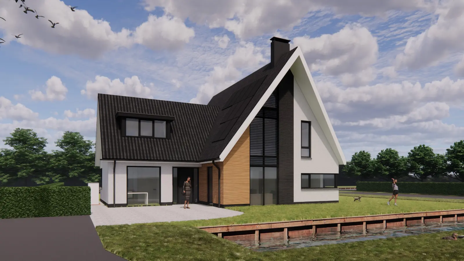 Vooraanzicht van een vrijstaande woning met aanbouw