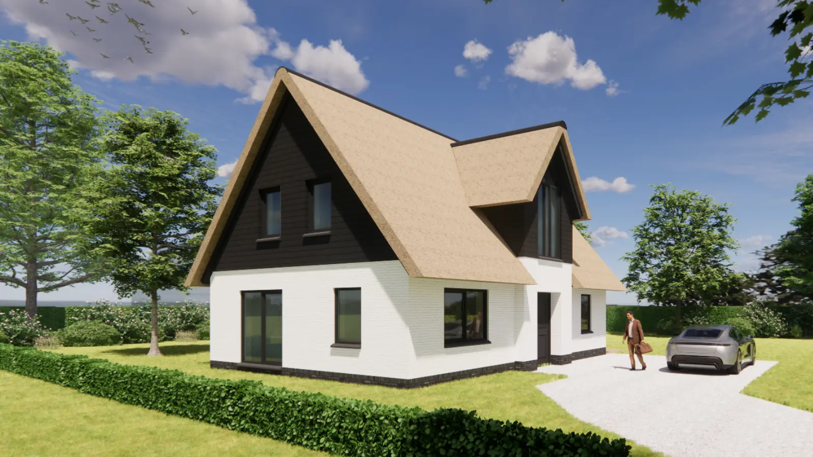 Ontwerp van een witte boerderijwoning met rieten kap