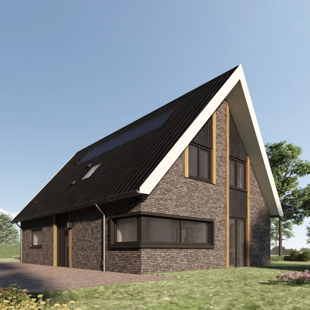 Vooraanzicht van een render van een schuurwoning