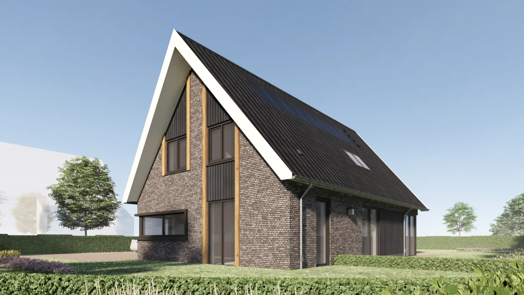 Zijaanzicht woning met eiken balken