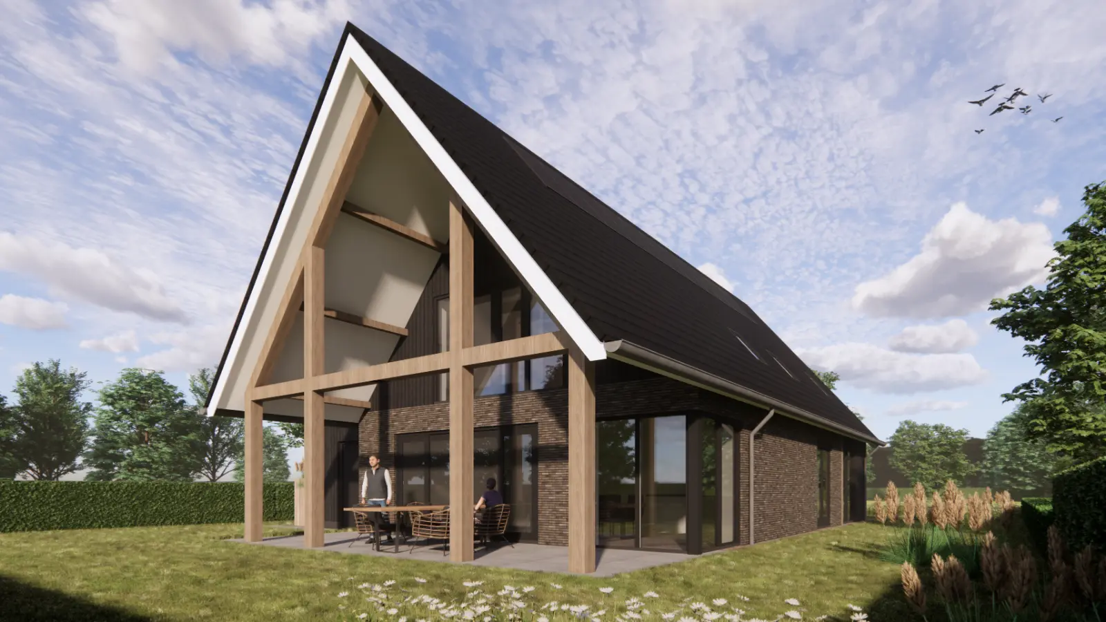 Achterzijde van schuurwoning met grote veranda
