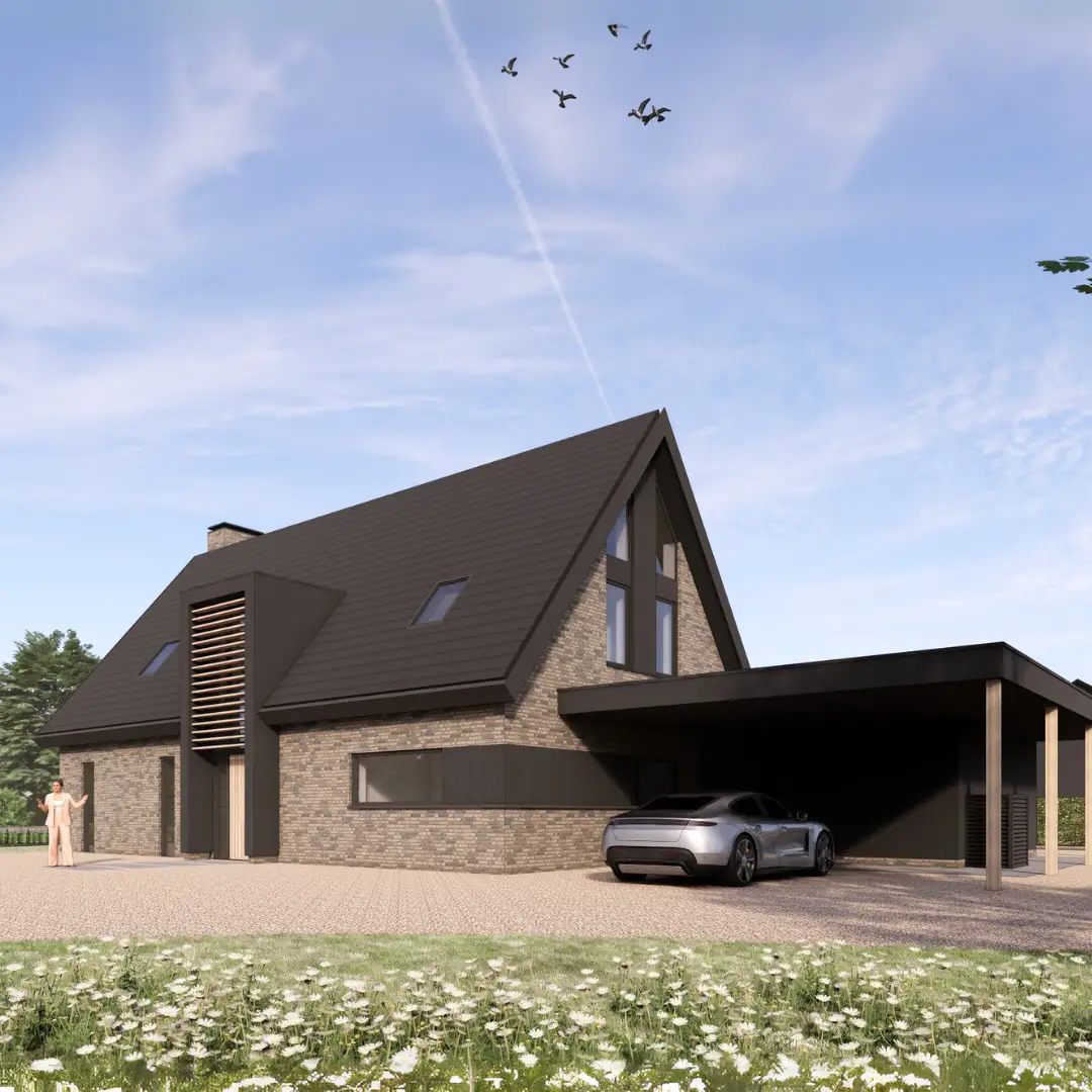 Render van een vooraanzicht van een strakke woning met aangebouwde garage