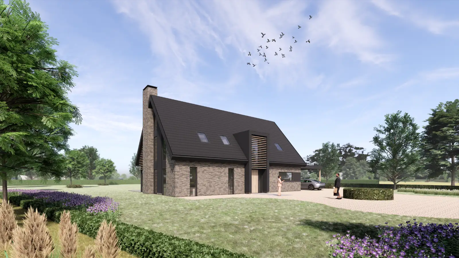 render van woning met risliet en grote schoorsteen aan buitenkant van het huise