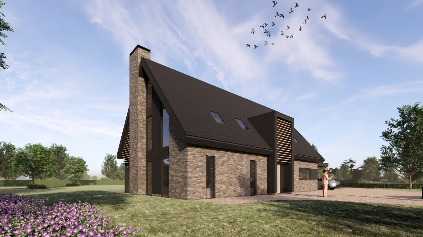 Een reden van een woning met strakke lijnen en natuurlijke materialen