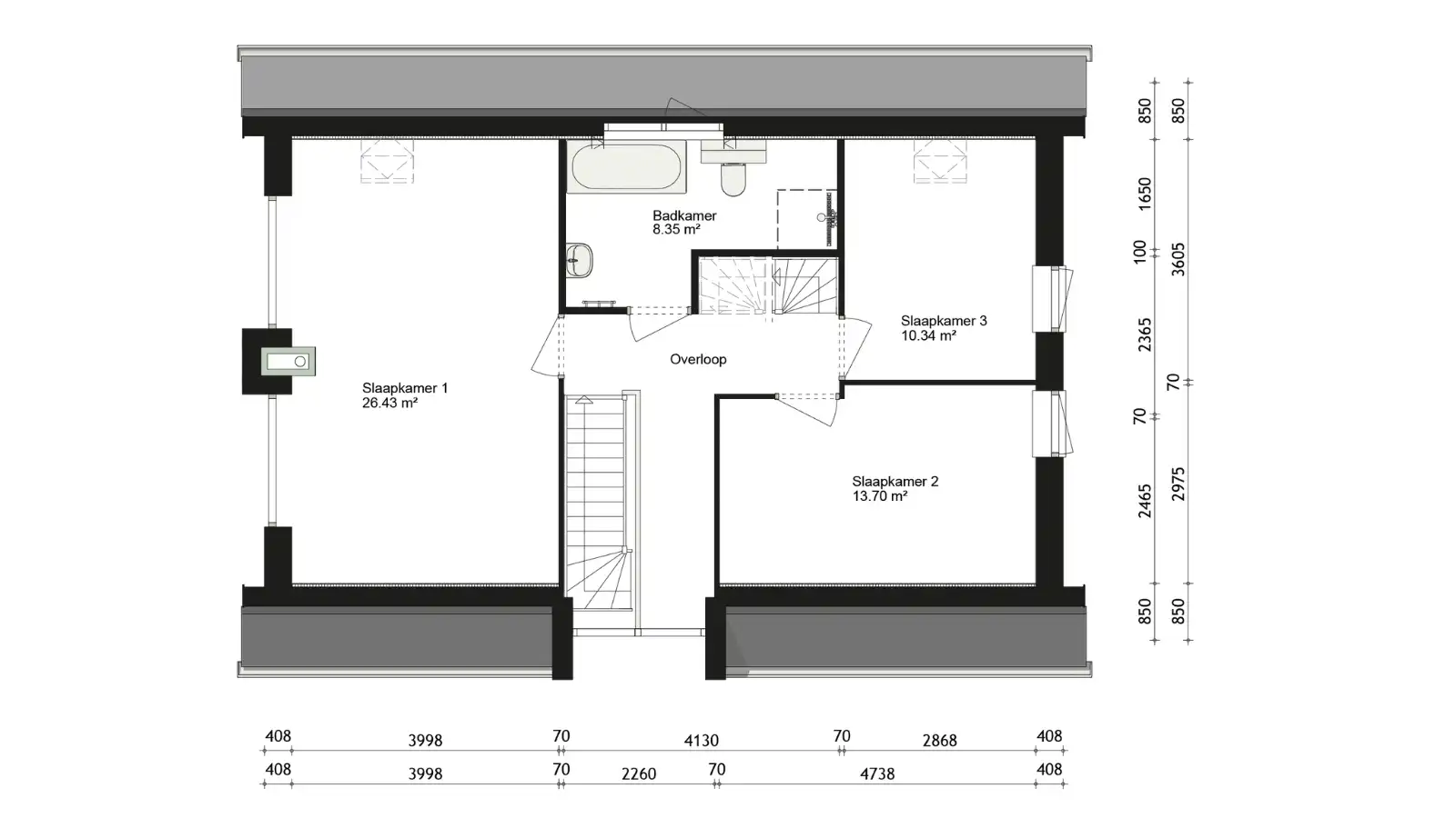 Plattegrond van eerste verdieping met 3 slaapkamers en badkamer