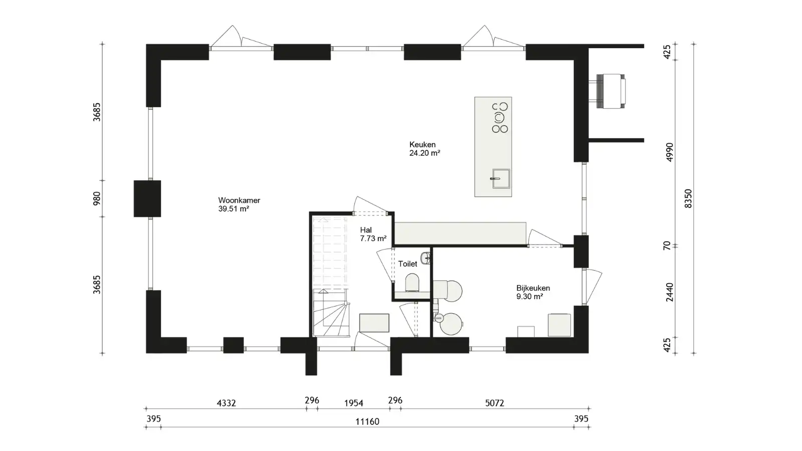 Plattegrond van vrijstaande woning met grote leefruimte