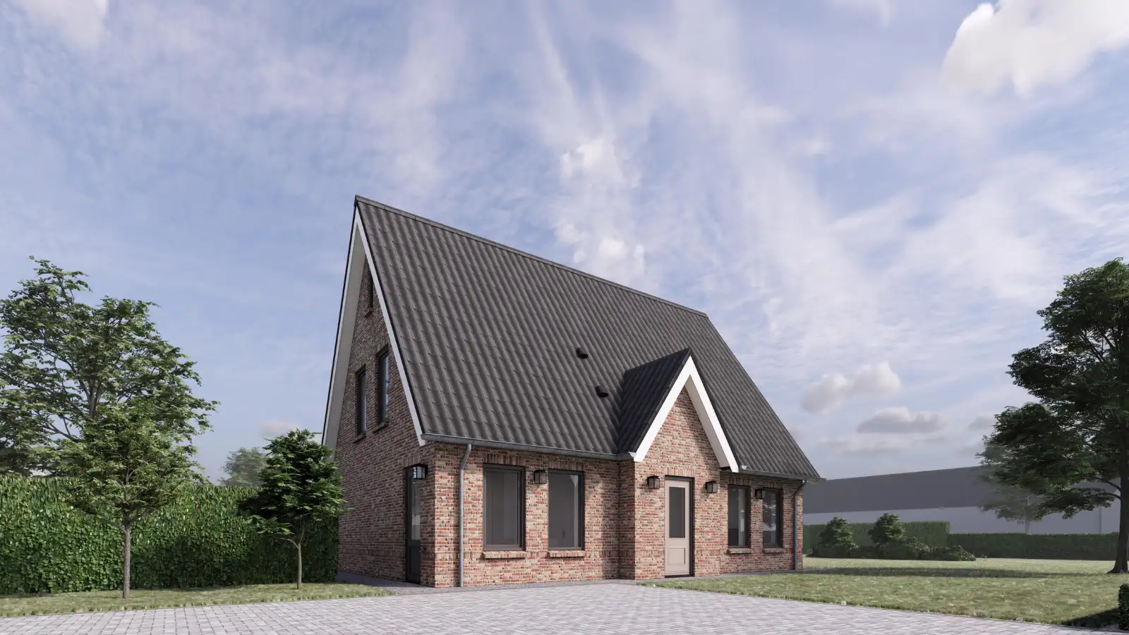 Zijaanzicht van render van een vrijstaande woning