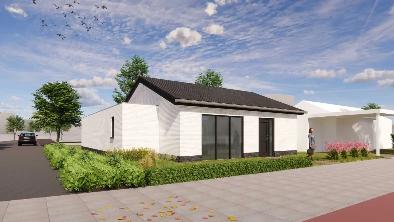 Render van vooraanzicht van een witte vrijstaande bungalow