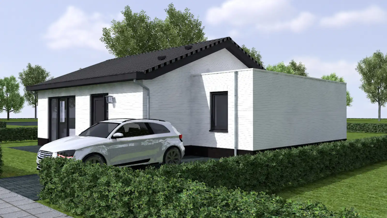 Render van zijaanzicht van compacte bungalow