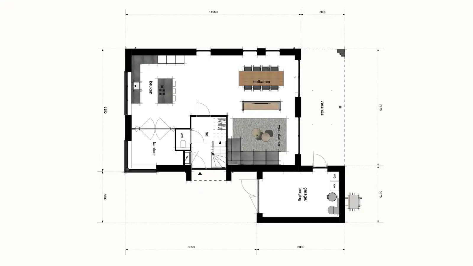 Plattegrond vrijstaande woning met grote woonkeuken en kamer en kantoor