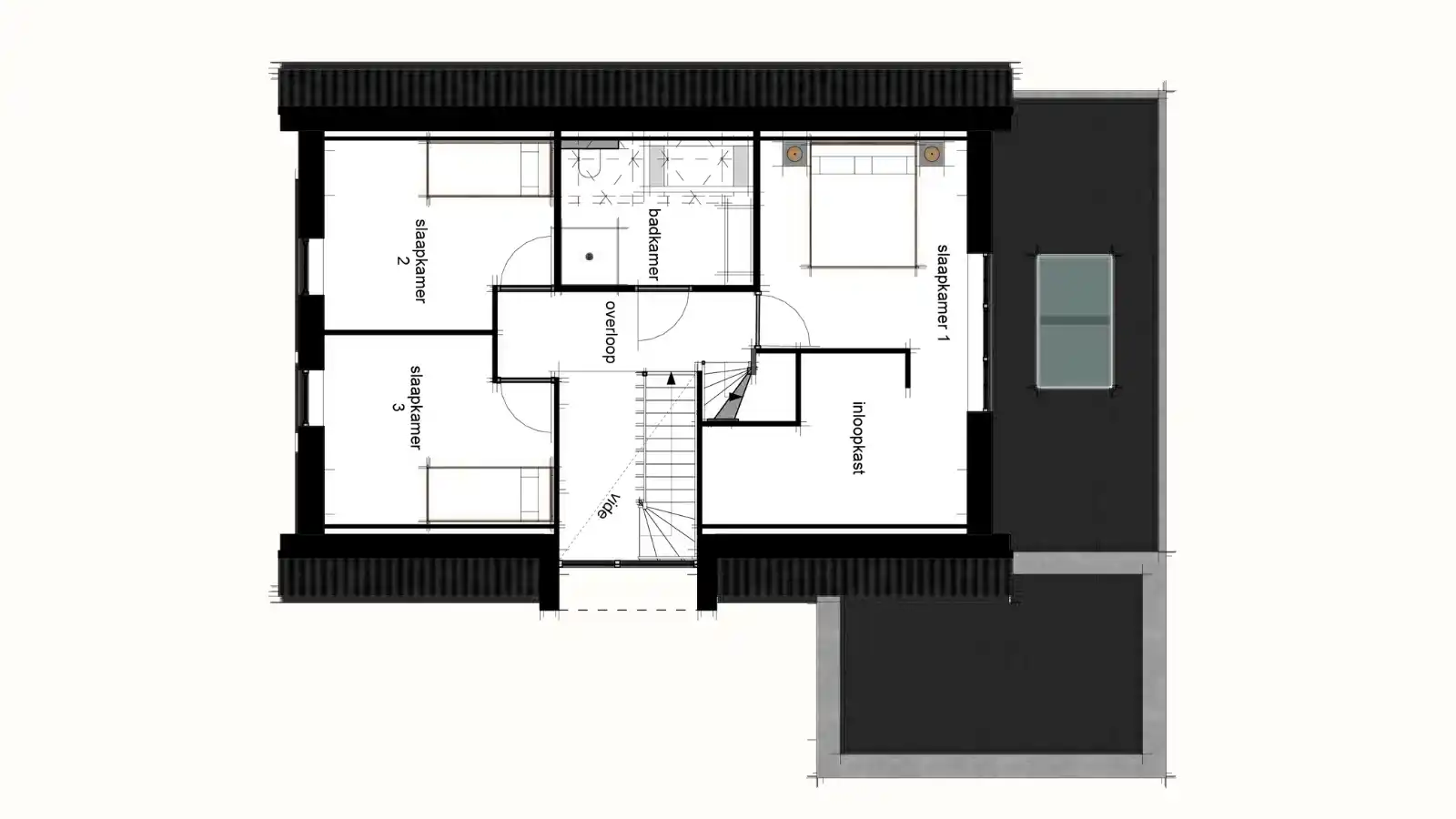 Plattegrond eerste verdieping met drie slaapkamers en een badkamer