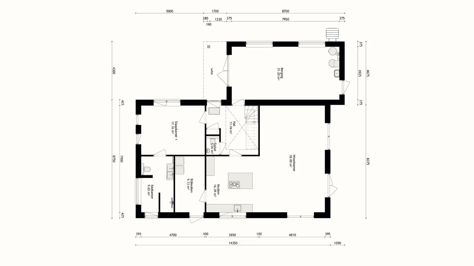 Plattegrond van benedenverdieping van vrijstaande woning