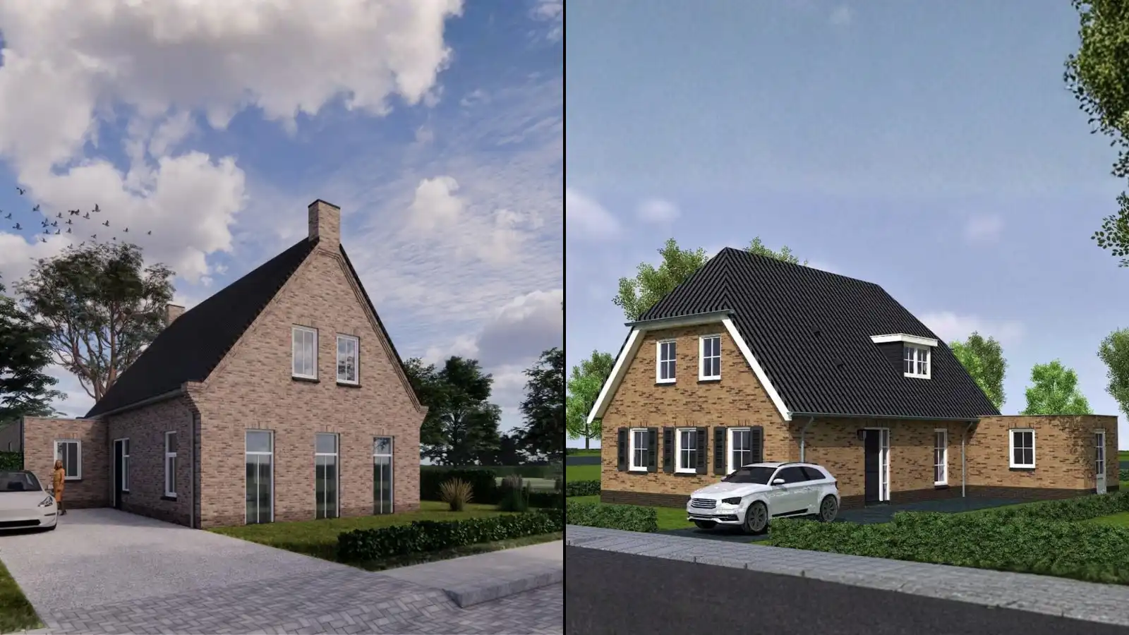 Twee renders van vrijstaande woningen die een impressie geven van wat er op de bouwgrond kan komen