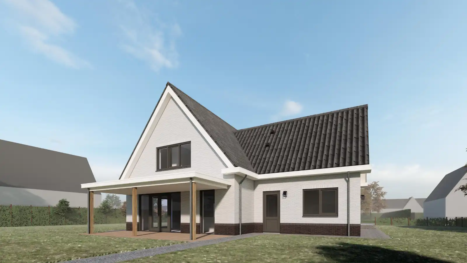 Achteraanzicht render van witte vrijstaande woning met aanbouw en veranda