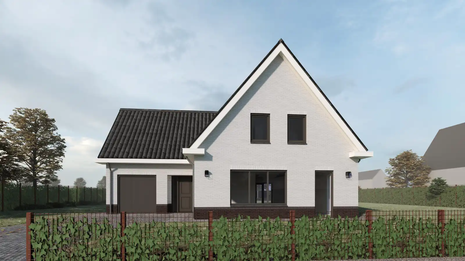 Vooraanzicht render van witte vrijstaande woning met aanbouw