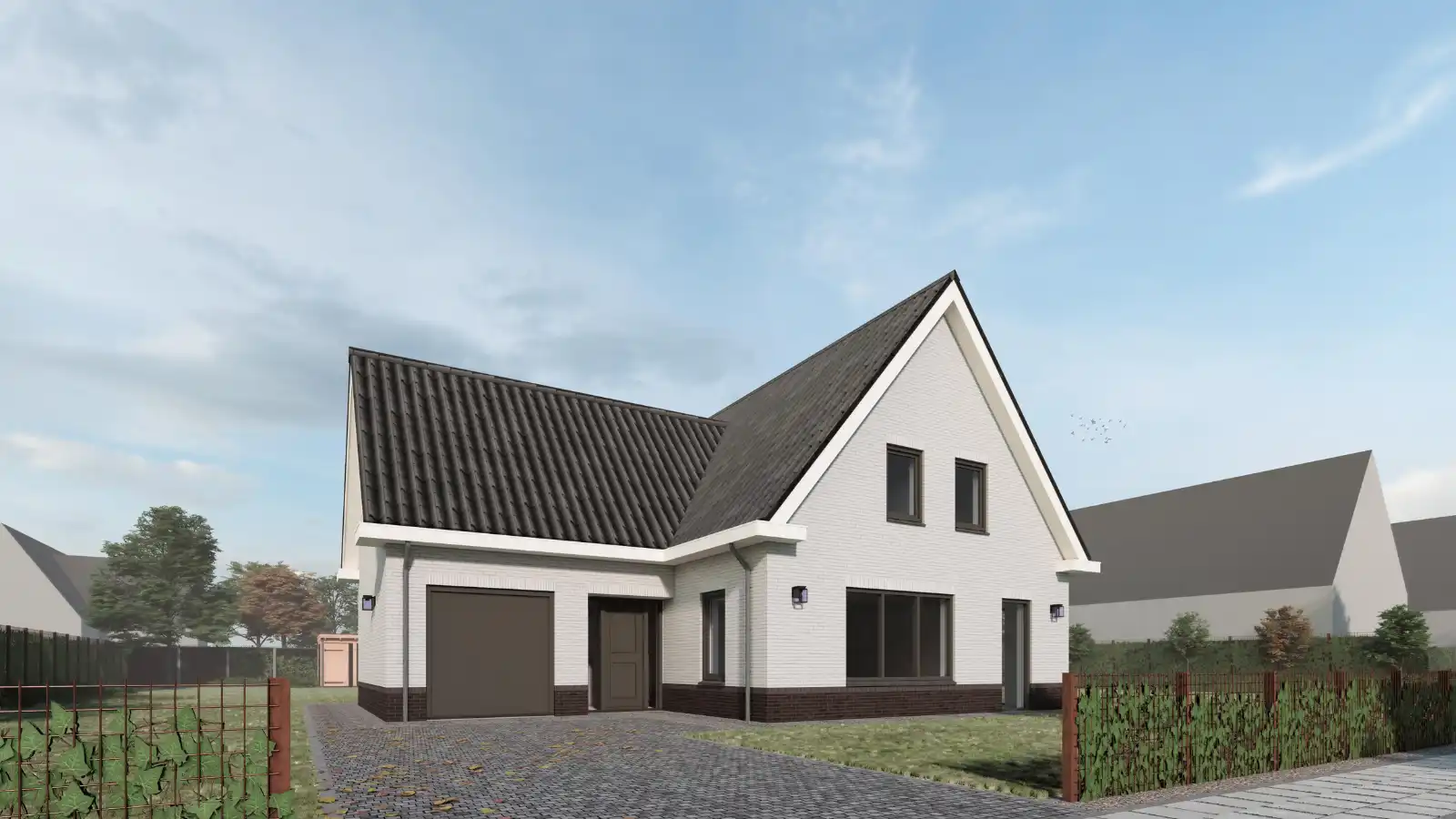 Vooraanzicht render van witte vrijstaande woning met aanbouw