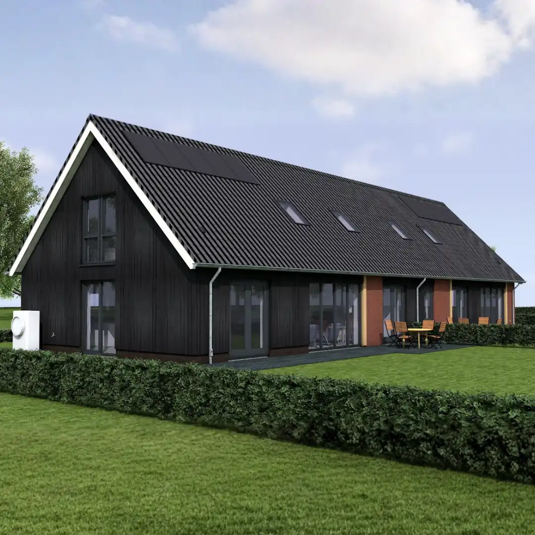 Render van twee onder 1 kap schuurwoning met de helft gevelbekleding